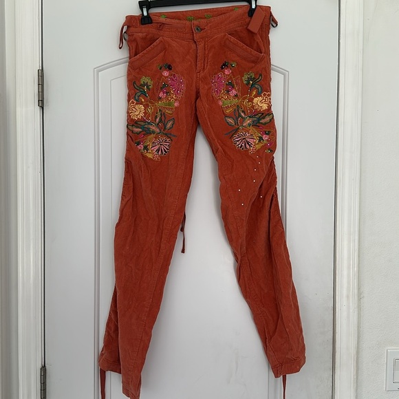MISS ME Y2K Low Rise Orange Floral Embroidered Studded Corduroy Pants Grunge S - Picture 1 of 12